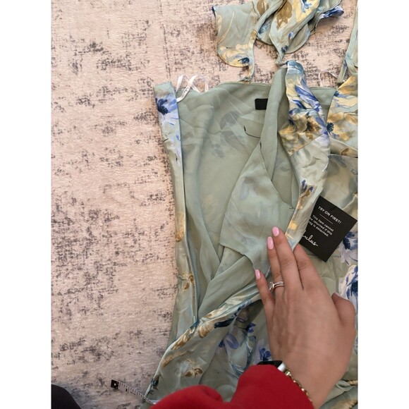 Lulus Captivating Grace Sage Green Floral Satin Ruffled Maxi Dress Size Small - Picture 8 of 11